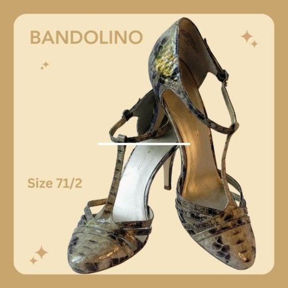 Bandolino T-Strap Snake Embossed Taupe & Brown cutout Almond Toes 31/4” Heels - Picture 1 of 9